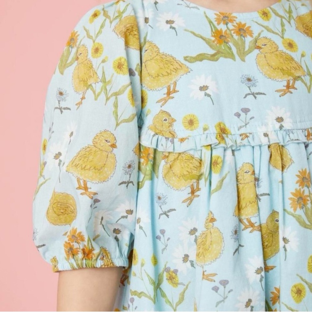 **NWT** Pink Chicken Light Blue Dress with Yellow Chick and Floral Pattern - Picture 2 of 5